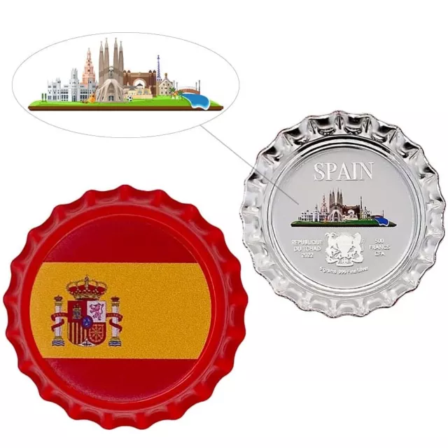 2022 Chad 6 gram World Landmarks - Spain Bottle Cap Proof Silver Coin (In Cap)