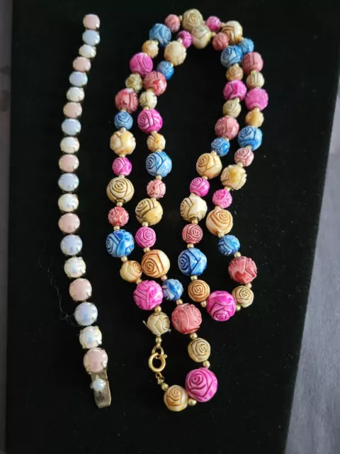 Vntg Carved Celluloid Multicolored Roses Necklace & Irridescent Glass Bracelet