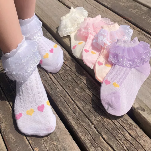 5Pairs Bébé Enfant Filles Dentelle Chaussettes Motif Cœur Bal Danse 1-12 Ans 3