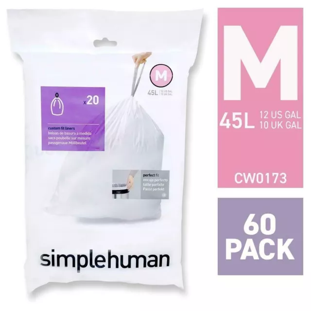 simplehuman Code M Custom Fit Drawstring Trash Bags in Dispenser Packs, 100  Count, 45 Liter / 11.9 Gallon, White
