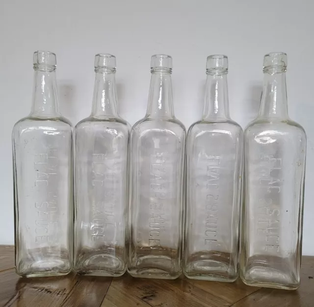 5 Vintage Flag Sauce Empty Glass Bottles. Good Condition.