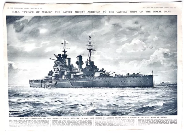 WWII HMS Prince of Wales Illustrated London News 1941 Centre-Spread Illustration