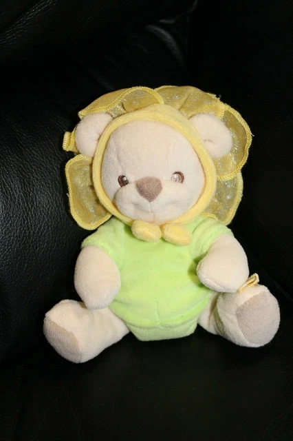 Doudou peluche ours nature bearries  FISHER PRICE fleur jaune grelot 15 cm