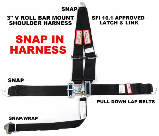 Snap In Sfi 16.1 Racing Harness 5 Point V Roll Bar Mount 3" Latch & Link Black