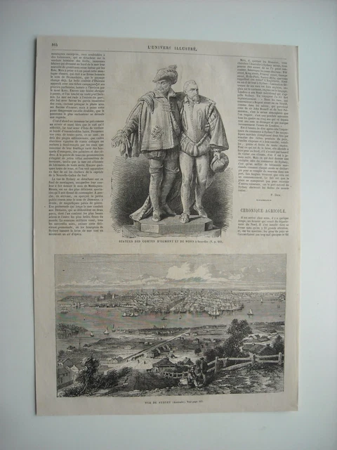 Gravure 1865. Belgique; Statue Des Comtes D’egmont Et De Horn. Vue De Sydney....