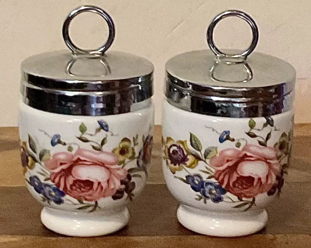 Pair Of Royal Worcester Bournemouth Rose Floral Egg Coddlers Porcelain 3”