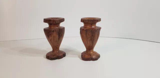Vintage Pair Of Rustic Wooden Candlesticks 13.5 cm Tall