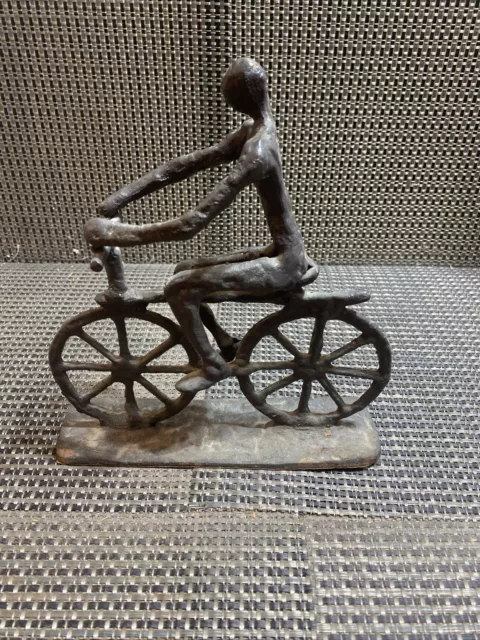 Vintage Brutalist Cast Iron Metalwork Cyclist Bicycle Sculpture 9” Tall 8” Long