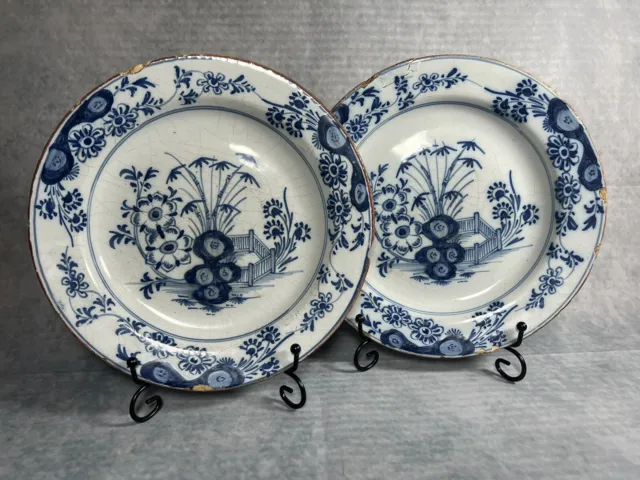 A PAIR of Early C18th English Delftware Blue & White Tin Glazed Plates A/F