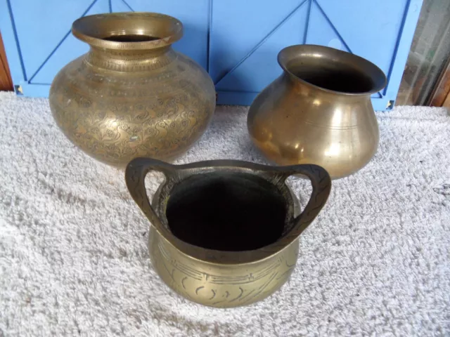 3 x Antique Indian-Persian Hand Decorated Brass Dawali/Lota? Pots