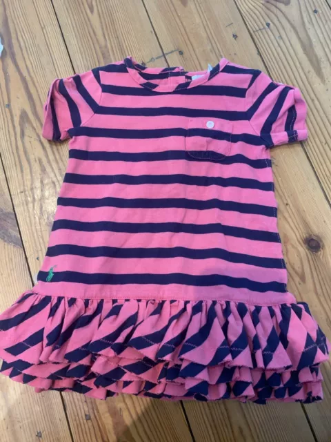 Ralph Lauren Baby Girl Pink And Navy Blue Striped Ruffle Dress Age Months