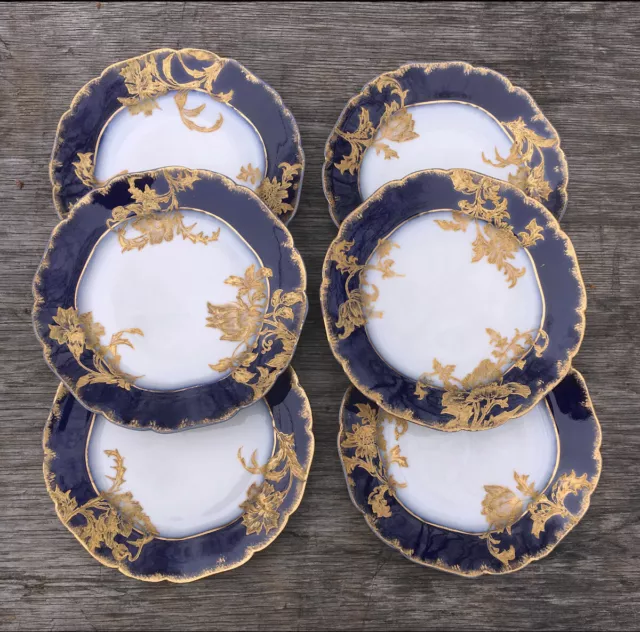 6 Antique Charles Field Haviland CFH Cobalt Gold Floral BREAD & BUTTER PLATES