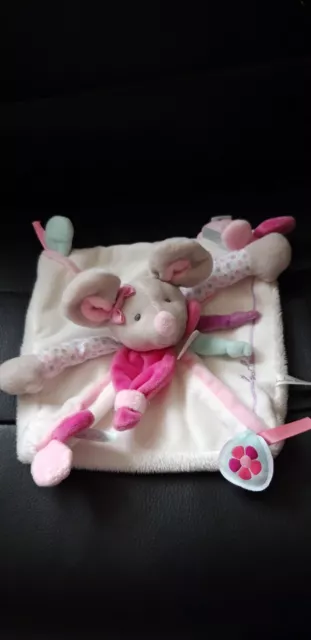 Doudou plat souris pearly blanc rose Doudou et Compagnie