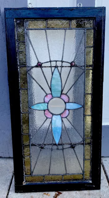 antique Victorian STAINED Leaded GLASS  TRANSOM Window JEWELED