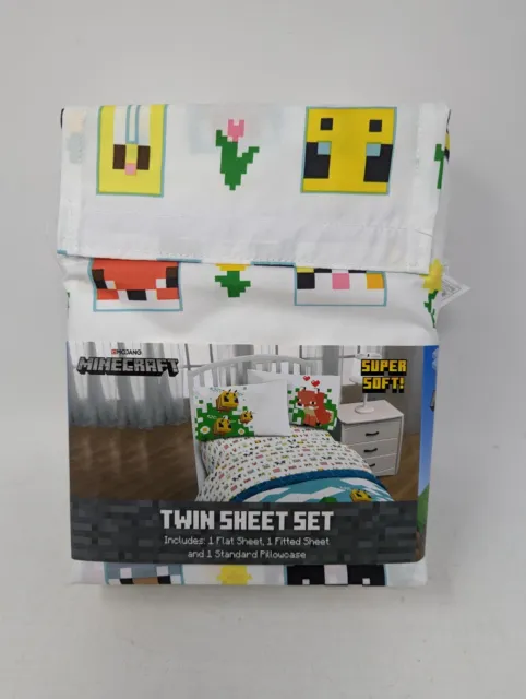 Minecraft Beautiful Day Twin Size Kids Sheet Set Flat, Fitted & Pillowcase