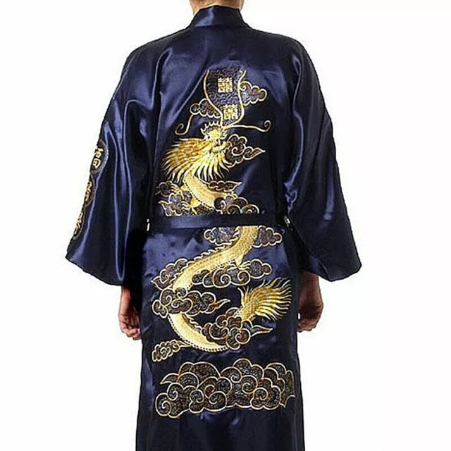 Cinese Uomo Donna lungo Raso Seta Vestaglia Ricamo Kimono Bagno Dragon Stile New