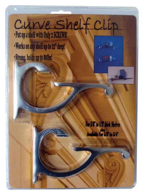 The Curve Clip for 3/8"-1/2" thick, mounts shelf up to 12" deep with 2 screws