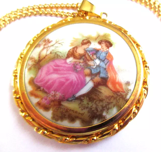 Vintage Large Signed Limoges Pendant & Goldtone Chain Love Theme Mother's Day