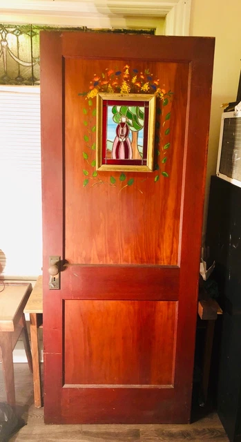 Antique heavy Wood Door painted stained glass windows folk art Rare