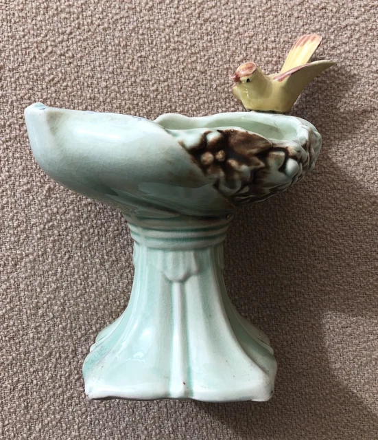 VINTAGE MCCOY BIRD Bath Pedestal Planter Vase 1940’s Pottery Pale Green