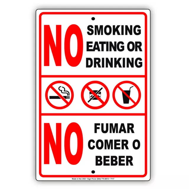 No Smoking Eating Or Drinking No Fumar Comer Decor Notice Aluminum Metal Sign