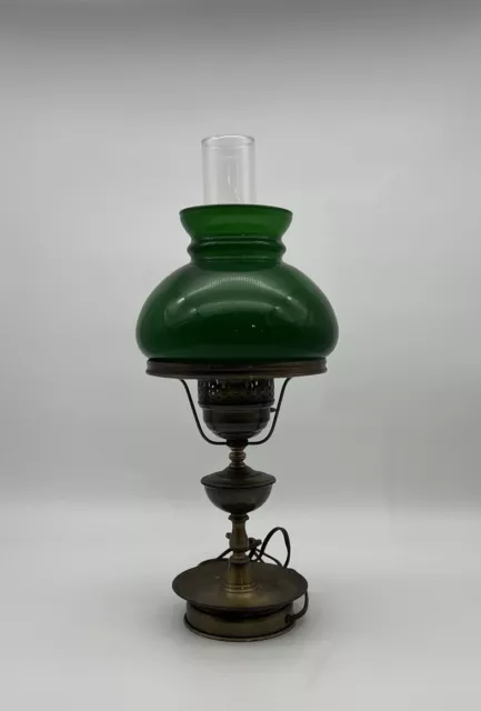 Vintage Brass Electric Table Lamp With Green Cased Glass Shade & Chimney