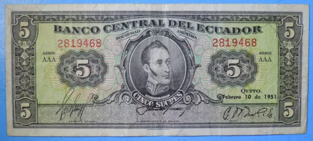 1951 Ecuador 5 Five Sucres Note World Currency