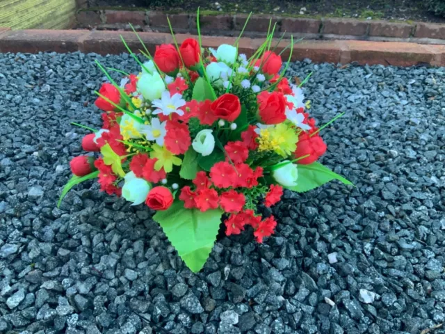 artificial red mini tulip flower  arrangement in grave/memorial/crem pot 2
