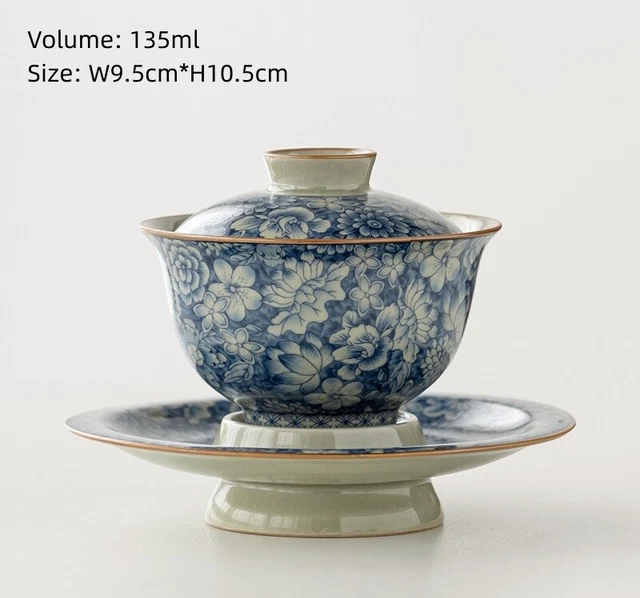 blue-and-white porcelain gaiwan antique style crackle glaze tureen cup bowl lid