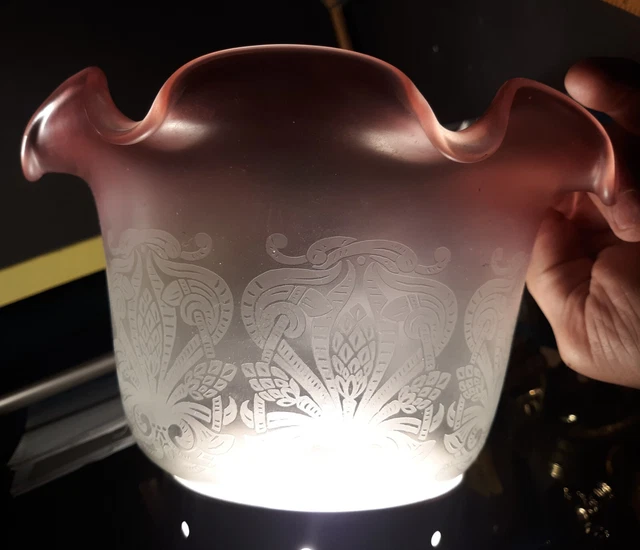 Antique Victorian Ruffled Pink Acid Etched  Parlor OIL  Lamp Shade 18-03