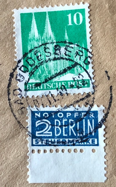 BUND 10 Pf NOTOPFER BERLIN mit Unterrand Geschäftspost Bank Bad Godesberg 1949