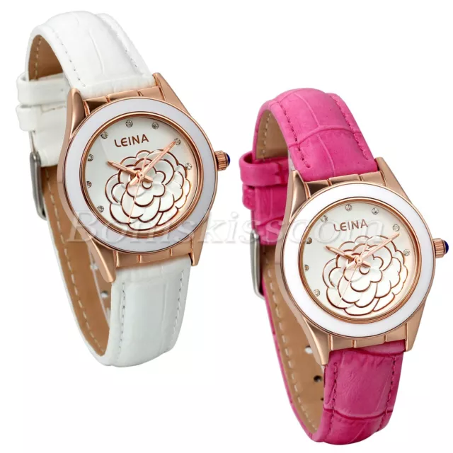 Women Charm Stylish Camellia Design Ceramic Dial Leather Band Quartz Wrist Watch