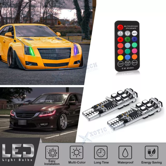 Multi-Color RGB Parking Light 168 194 T10 LED Bulbs w/RF Remote Control For Cars