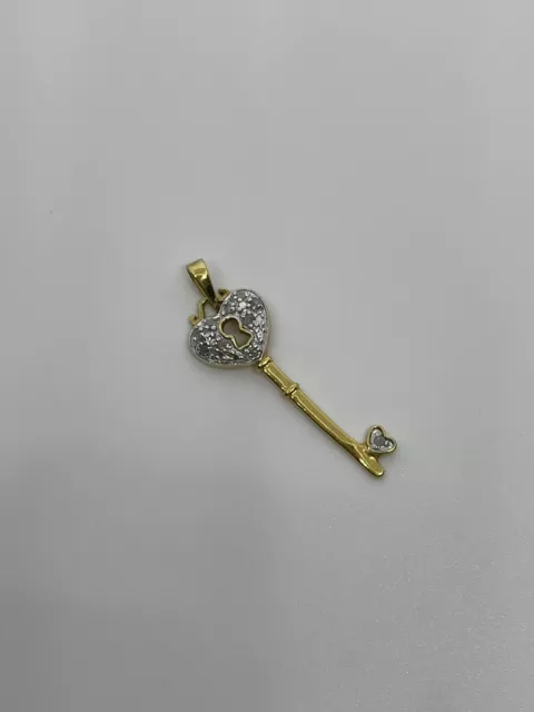 Sterling Silver 925 & Gold Overlay Key Heart Diamonds Charm/Pendant