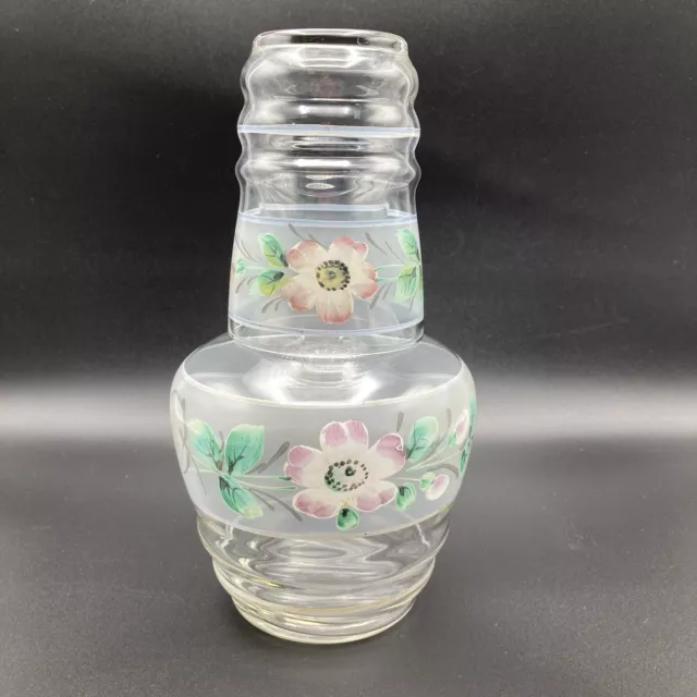 Vintage Hand Painted Enamel Flowers Glass Tumble Up Bedside Carafe 8.5" Tall