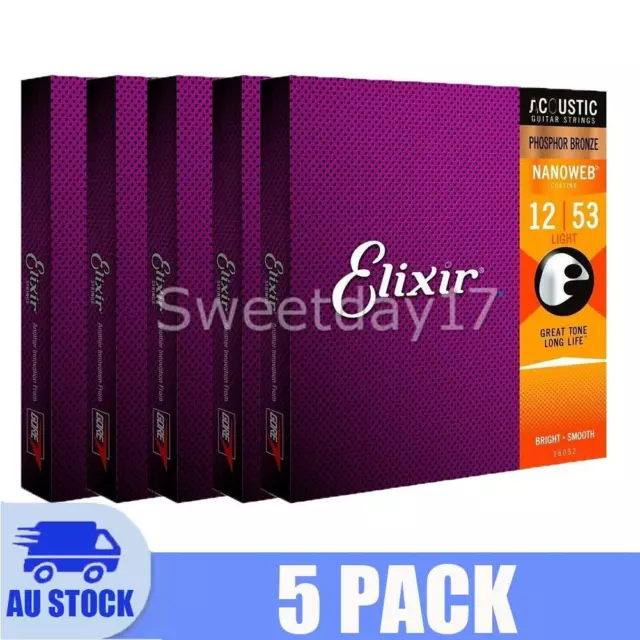 For Elixir 16052 Acoustic Guitar Strings Nanoweb PHOSPHOR Bronze Light 12-53 Y