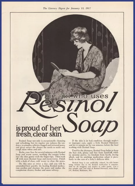 Vintage 1917 RESINOL SOAP Beauty Bathroom Art Décor WWI Ephemera Print Ad