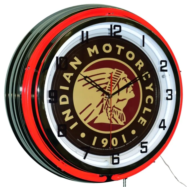 19" Indian Motorcycle Since 1901 Sign Double Neon Clock Garage Man Cave (Red)