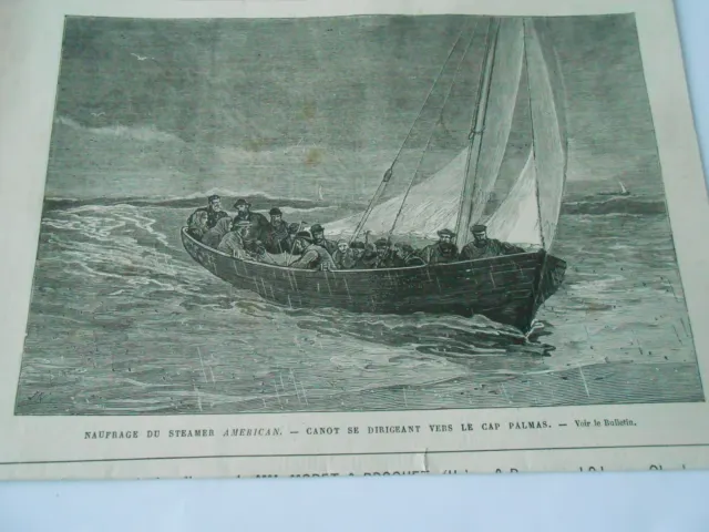 Gravure 1842 - Naufrage steamer Américain Canot se dirigeant vers le cap palman