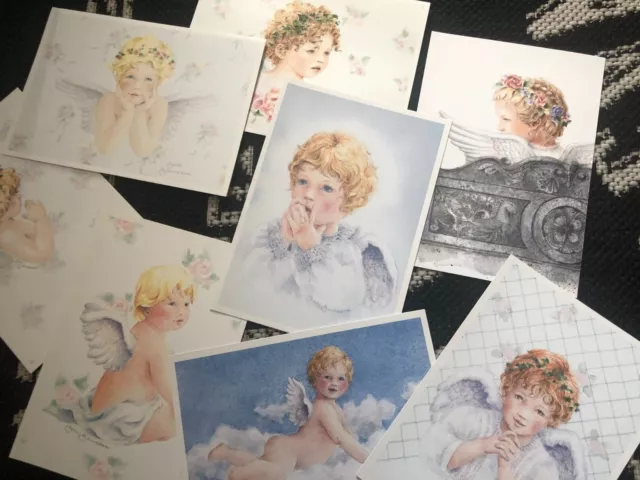 LOT of 8 Vtg FLORAL ROSE BABY ANGEL Watercolor Greeting CARDS Suitable to Frame