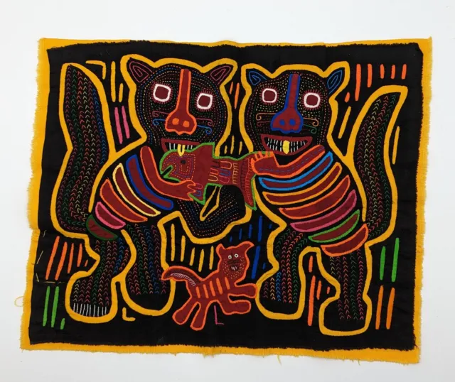 Mola Cats Eating Fish Panama Textile Appliqué Blk Multi Folk Art 16 in by 14 in