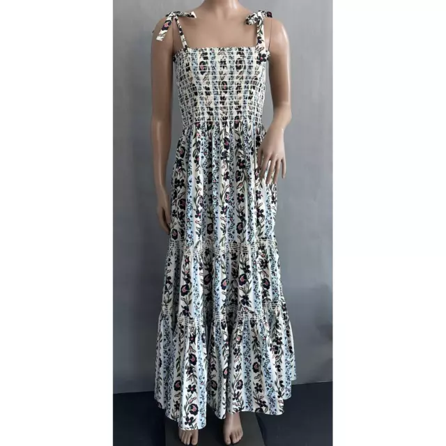 Tory Burch Dress Women L Climbing Vines Maxi Smocked Shoulder Ties Floral Print