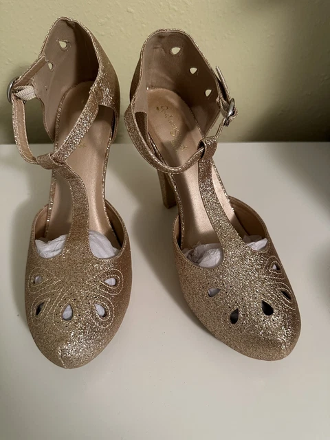 NEW GRAHAM STREET ModCloth Gold Glitter T Strap Heels Vintage Look Size 9 25.87 PicClick