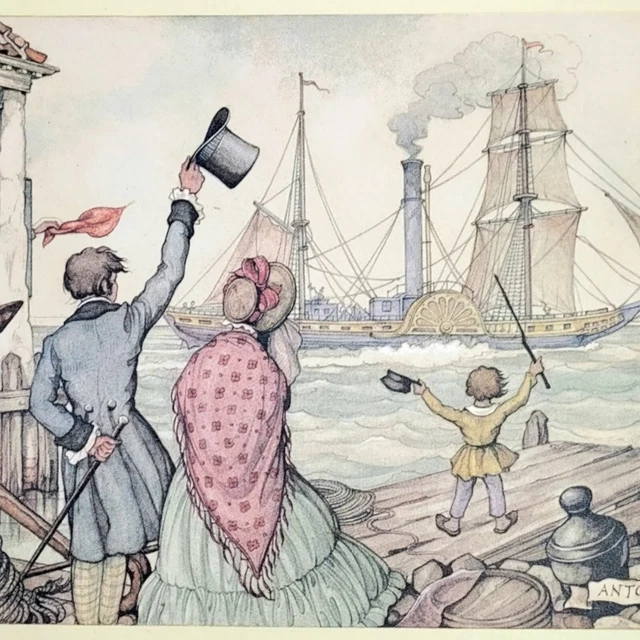 Anton Pieck Bon Voyage Art Print Steam Paddle Wheel Ship Family Docks Vintage