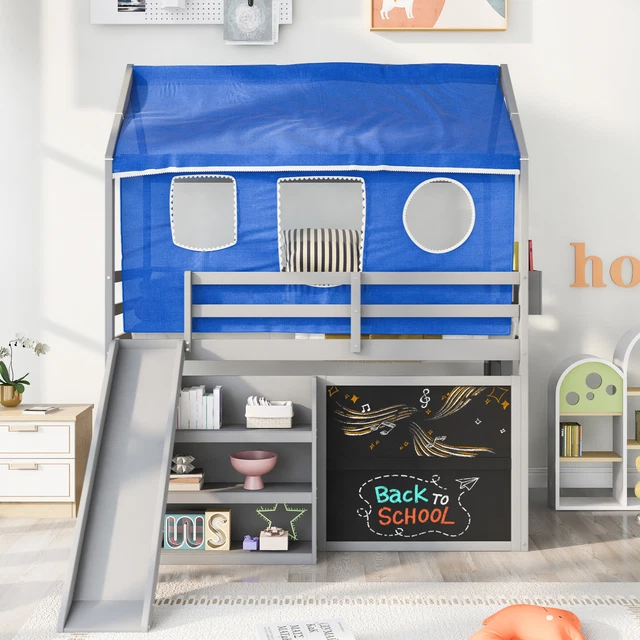 Twin over Twin House Bunk Bed with Blue Tent Slide Shelves and Blackboard 18AAE