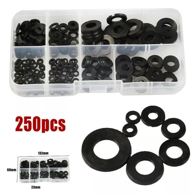 250pcs Flat Washer Gasket Ring Seal Assortment Black Kit Nylon Rubber Durable