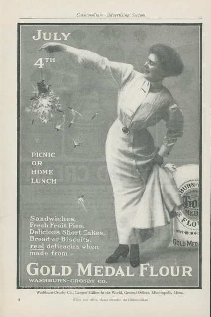 1910 Gold Medal Flour Woman Dropping Lit Firecrackers July 4th Vtg Print Ad CO2