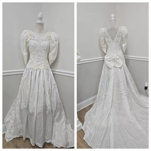 VTG'80S White Taffeta Wedding Train Dress/Puff 3/4 Sleeve $54.99 - PicClick