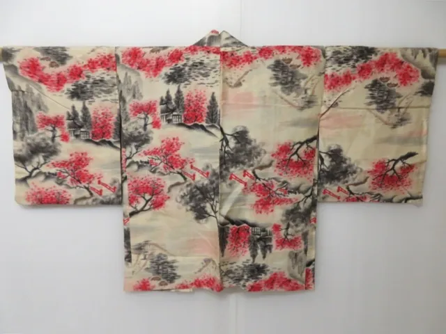 2126T04z360 Vintage Japanese Kimono Silk MEISEN HAORI Tree Off-white