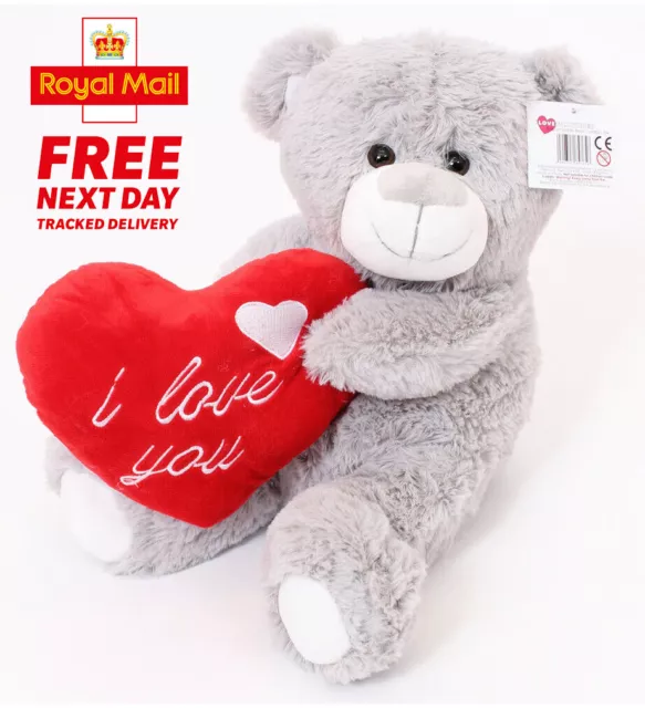 Large Valentines Teddy Bear Grey 12" I Love You Plush Gift Boy Girlfriend Gift